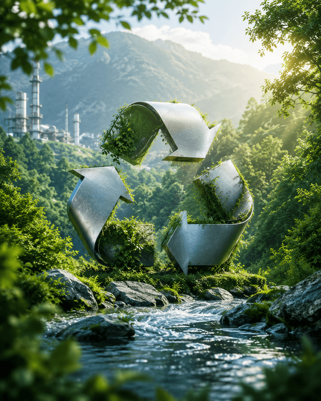 Recycling symbol above a green forest